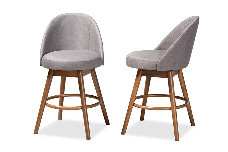 Baxton Studio Carra Mid-Century Modern Grey Fabric Upholstered Walnut-Finished Wood Swivel Counter Stool Set of 2