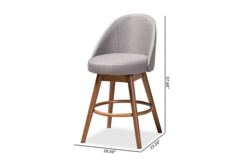 Baxton Studio Carra Mid-Century Modern Grey Fabric Upholstered Walnut-Finished Wood Swivel Counter Stool Set of 2