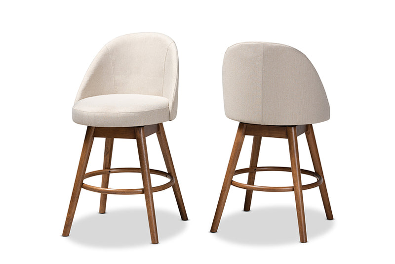 Baxton Studio Carra Mid-Century Modern Light Beige Fabric Upholstered Walnut-Finished Wood Swivel Counter Stool Set of 2