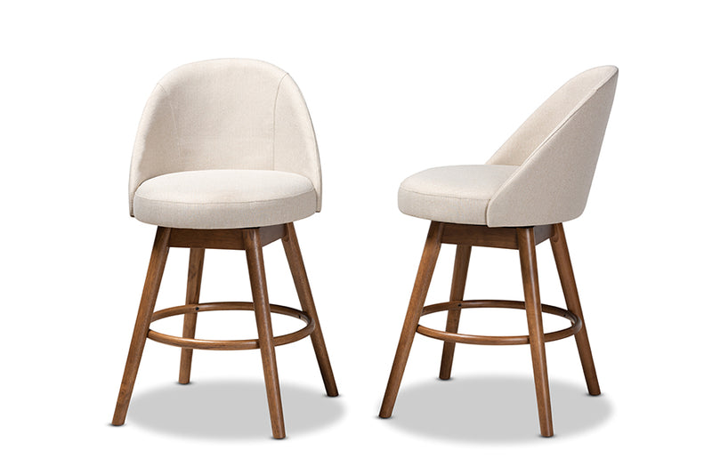 Baxton Studio Carra Mid-Century Modern Light Beige Fabric Upholstered Walnut-Finished Wood Swivel Counter Stool Set of 2