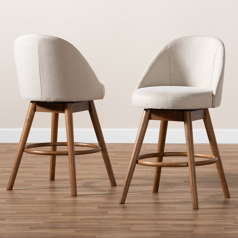 Baxton Studio Carra Mid-Century Modern Light Beige Fabric Upholstered Walnut-Finished Wood Swivel Counter Stool Set of 2