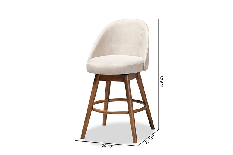Baxton Studio Carra Mid-Century Modern Light Beige Fabric Upholstered Walnut-Finished Wood Swivel Counter Stool Set of 2
