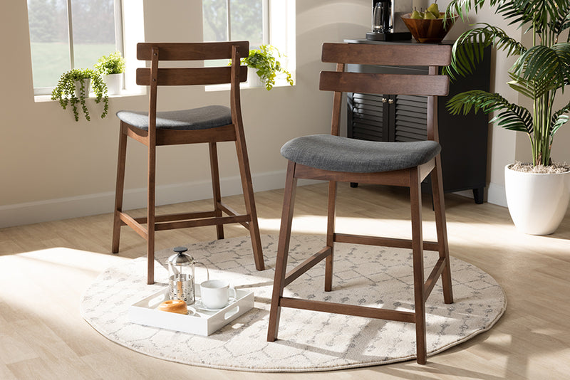 Baxton Studio Larine Modern and Contemporary Dark Grey Fabric Upholstered Walnut Finished 2-Piece Wood Counter Stool Set