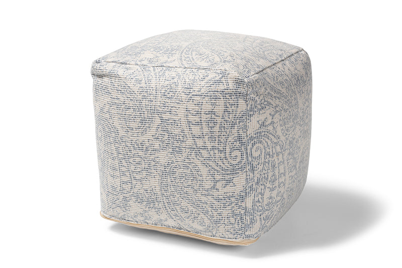 Baxton Studio Juvita Modern and Contemporary Ivory and Blue Handwoven Cotton Paisley Pouf Ottoman