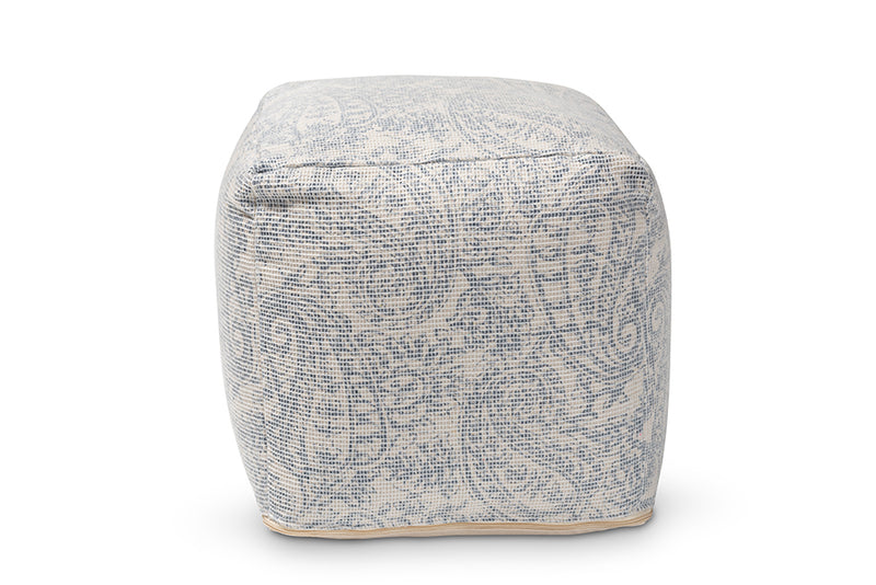 Baxton Studio Juvita Modern and Contemporary Ivory and Blue Handwoven Cotton Paisley Pouf Ottoman