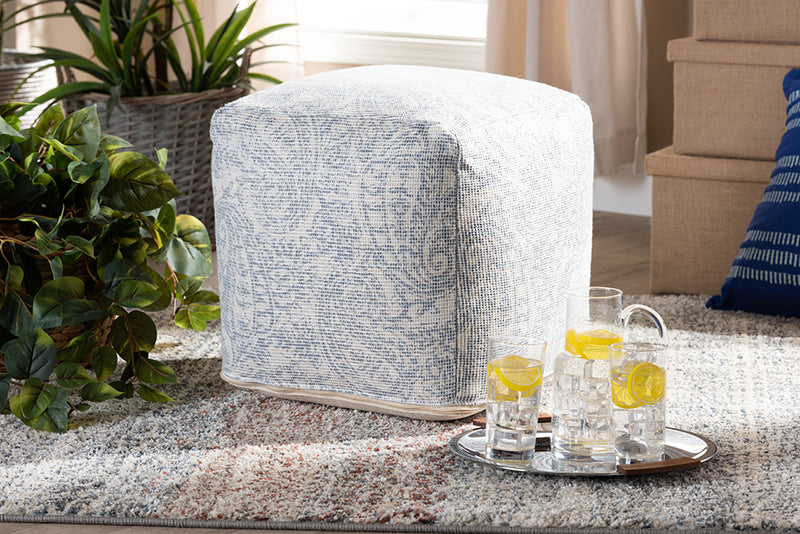 Baxton Studio Juvita Modern and Contemporary Ivory and Blue Handwoven Cotton Paisley Pouf Ottoman