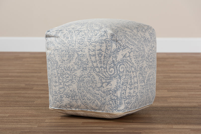 Baxton Studio Juvita Modern and Contemporary Ivory and Blue Handwoven Cotton Paisley Pouf Ottoman