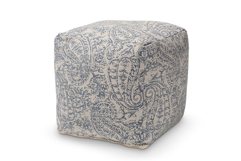 Baxton Studio Juvita Modern and Contemporary Grey and Blue Handwoven Cotton Paisley Pouf Ottoman