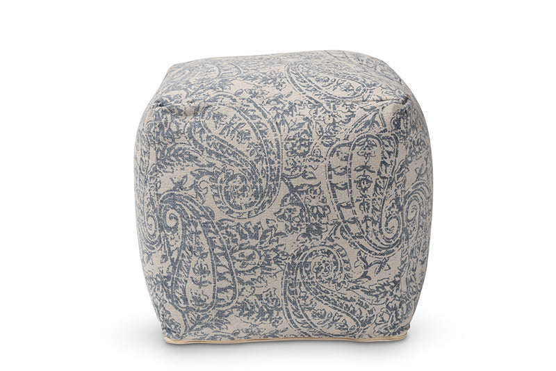 Baxton Studio Juvita Modern and Contemporary Grey and Blue Handwoven Cotton Paisley Pouf Ottoman