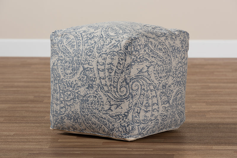 Baxton Studio Juvita Modern and Contemporary Grey and Blue Handwoven Cotton Paisley Pouf Ottoman