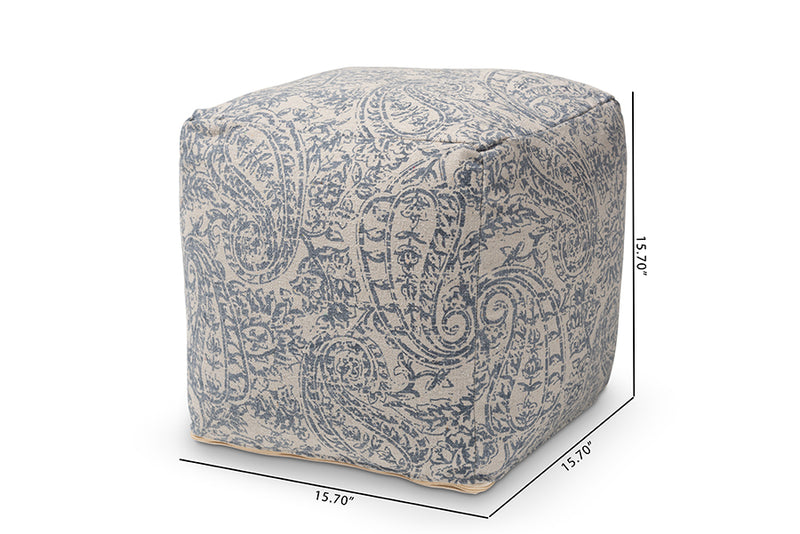 Baxton Studio Juvita Modern and Contemporary Grey and Blue Handwoven Cotton Paisley Pouf Ottoman