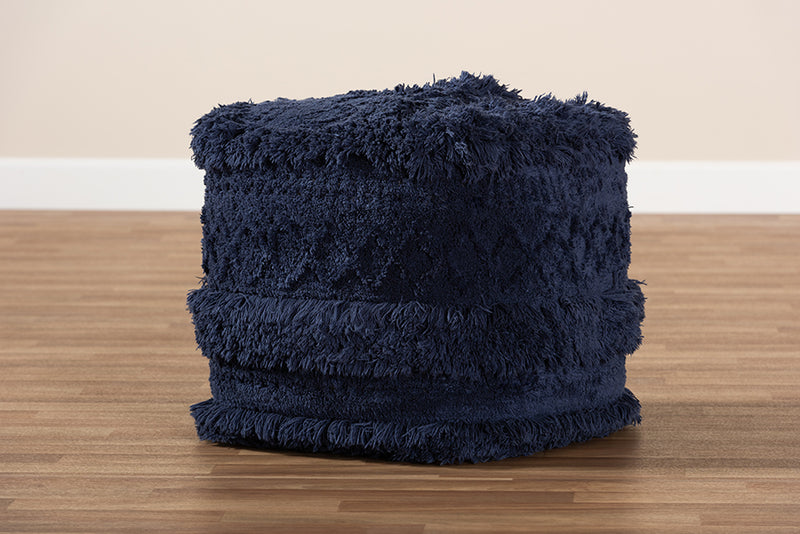Baxton Studio Curlew Moroccan Inspired Navy Handwoven Cotton Pouf Ottoman