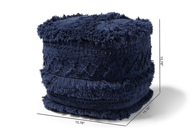 Baxton Studio Curlew Moroccan Inspired Navy Handwoven Cotton Pouf Ottoman