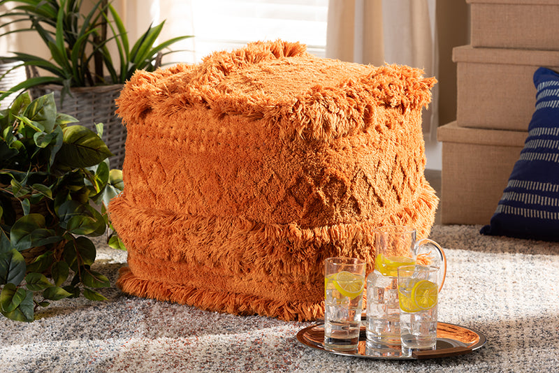 Baxton Studio Curlew Moroccan Inspired Orange Handwoven Cotton Pouf Ottoman