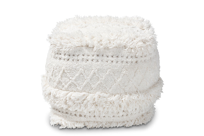 Baxton Studio Curlew Moroccan Inspired Ivory Handwoven Cotton Pouf Ottoman