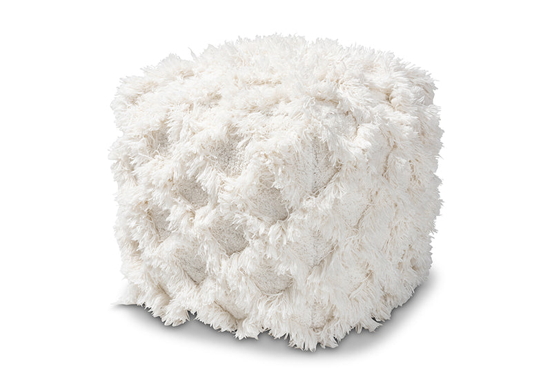 Baxton Studio Asuka Moroccan Inspired Ivory Handwoven Cotton Fringe Pouf Ottoman