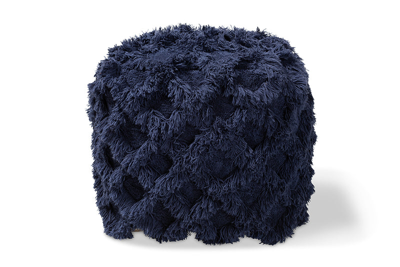 Baxton Studio Asuka Moroccan Inspired Navy Handwoven Cotton Fringe Pouf Ottoman