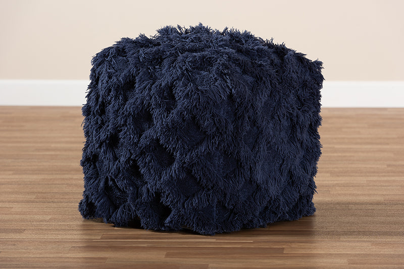 Baxton Studio Asuka Moroccan Inspired Navy Handwoven Cotton Fringe Pouf Ottoman