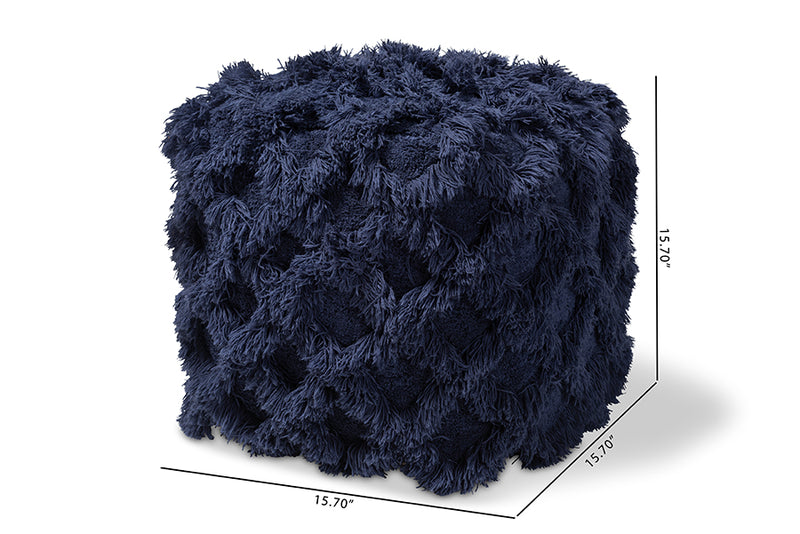 Baxton Studio Asuka Moroccan Inspired Navy Handwoven Cotton Fringe Pouf Ottoman