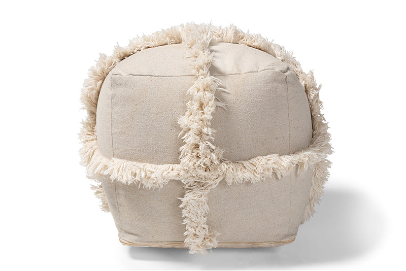 Baxton Studio Alfro Moroccan Inspired Beige Handwoven Cotton Fringe Pouf Ottoman