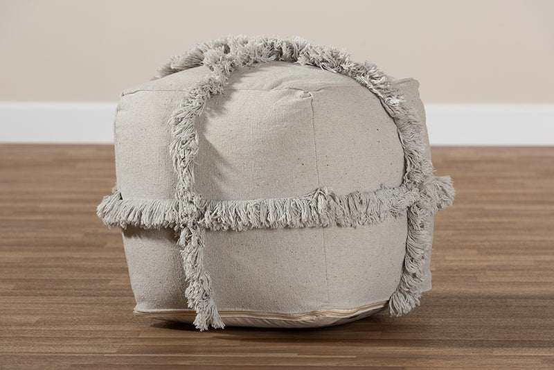 Baxton Studio Alfro Moroccan Inspired Grey Handwoven Cotton Fringe Pouf Ottoman