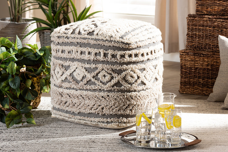 Baxton Studio Cronin Moroccan Inspired Beige and Brown Handwoven Hemp Pouf Ottoman