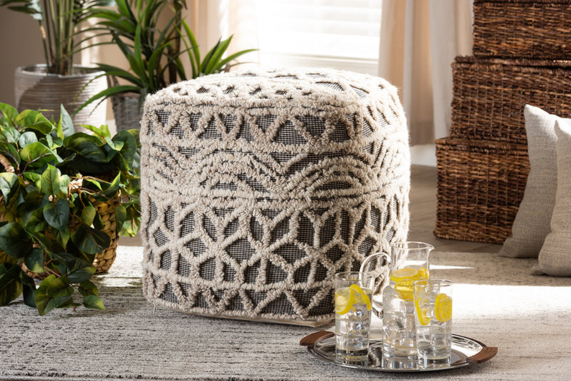 Baxton Studio Avery Moroccan Inspired Beige and Brown Handwoven Cotton Pouf Ottoman