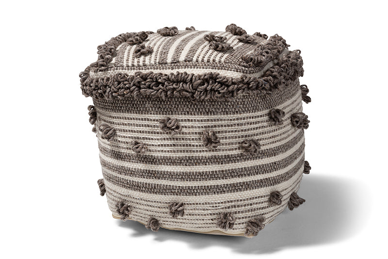 Baxton Studio Eligah Moroccan Inspired Ivory and Brown Handwoven Wool Pouf Ottoman