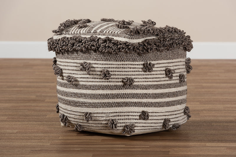 Baxton Studio Eligah Moroccan Inspired Ivory and Brown Handwoven Wool Pouf Ottoman