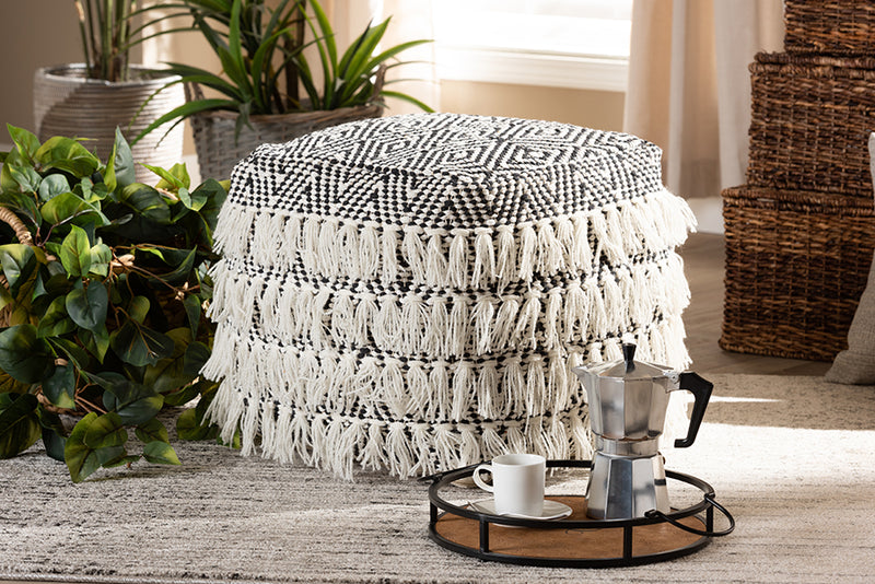 Baxton Studio Alain Moroccan Inspired Black and Ivory Handwoven Wool Tassel Pouf Ottoman