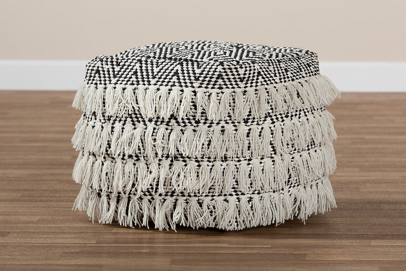 Baxton Studio Alain Moroccan Inspired Black and Ivory Handwoven Wool Tassel Pouf Ottoman