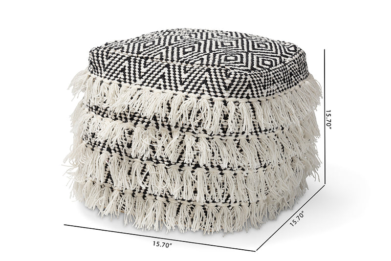 Baxton Studio Alain Moroccan Inspired Black and Ivory Handwoven Wool Tassel Pouf Ottoman