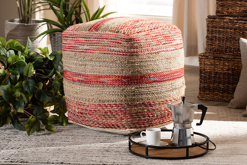 Baxton Studio Caiman Moroccan Inspired Multicolored Handwoven Hemp Pouf Ottoman