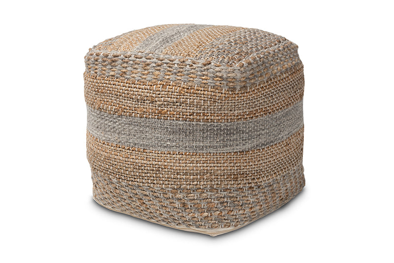 Baxton Studio Grange Moroccan Inspired Natural and Grey Handwoven Hemp Pouf Ottoman