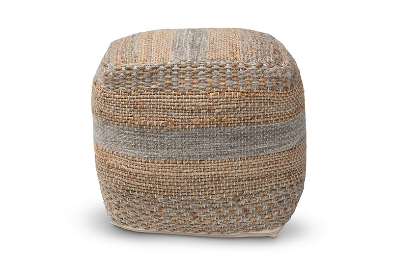 Baxton Studio Grange Moroccan Inspired Natural and Grey Handwoven Hemp Pouf Ottoman