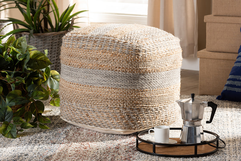 Baxton Studio Grange Moroccan Inspired Natural and Grey Handwoven Hemp Pouf Ottoman