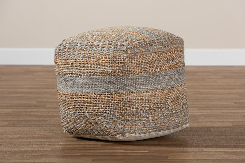 Baxton Studio Grange Moroccan Inspired Natural and Grey Handwoven Hemp Pouf Ottoman