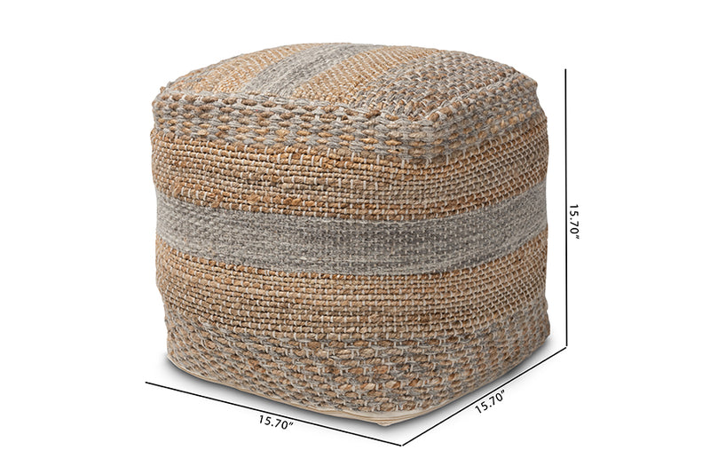 Baxton Studio Grange Moroccan Inspired Natural and Grey Handwoven Hemp Pouf Ottoman