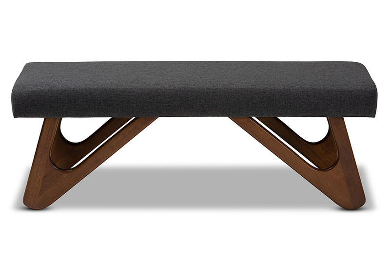 Baxton Studio Rika Mid-Century Modern Dark Grey Fabric Upholstered Walnut Brown Finished Boomerang Bench