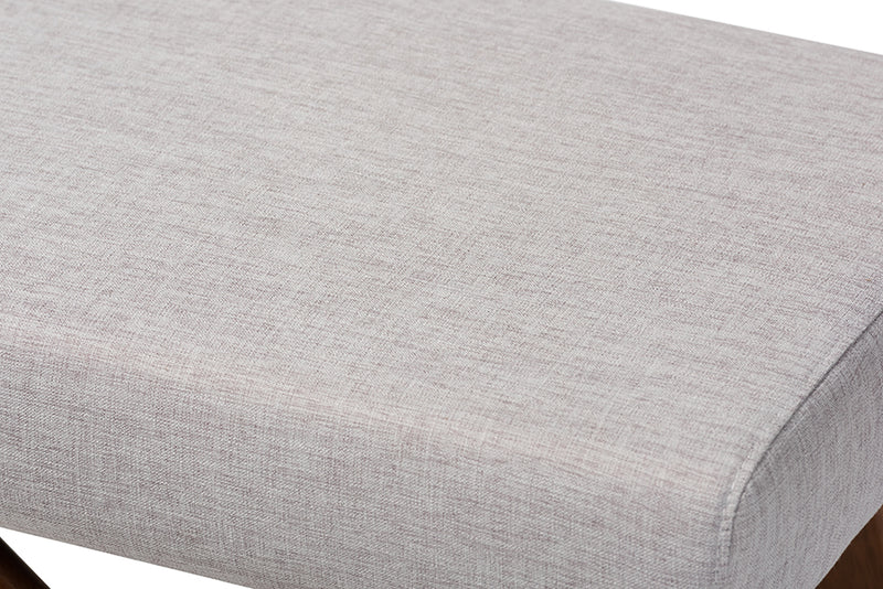 Baxton Studio Rika Mid-Century Modern Greyish Beige Fabric Upholstered Walnut Brown Finished Boomerang Bench