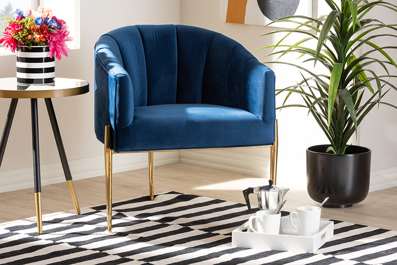 Baxton Studio Clarisse Glam and Luxe Navy Blue Velvet Fabric Upholstered Gold Finished Accent Chair