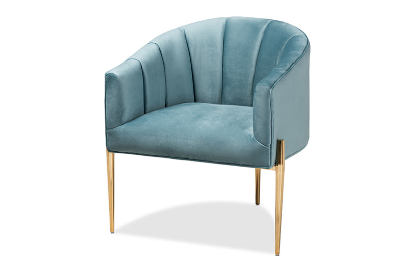 Baxton Studio Clarisse Glam and Luxe Light Blue Velvet Fabric Upholstered Gold Finished Accent Chair