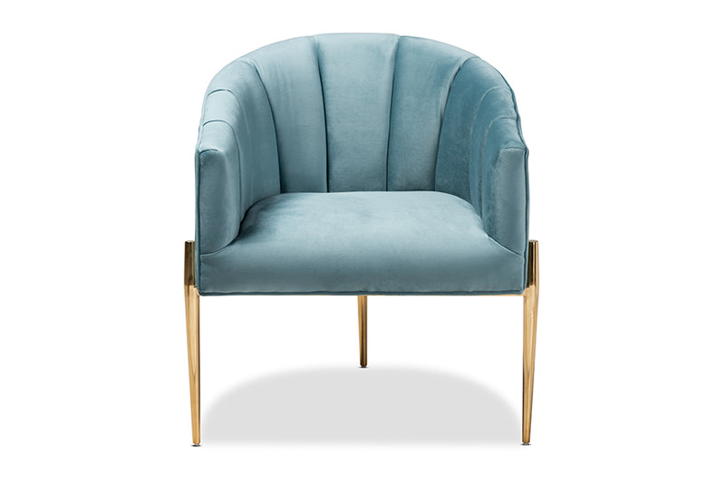 Baxton Studio Clarisse Glam and Luxe Light Blue Velvet Fabric Upholstered Gold Finished Accent Chair
