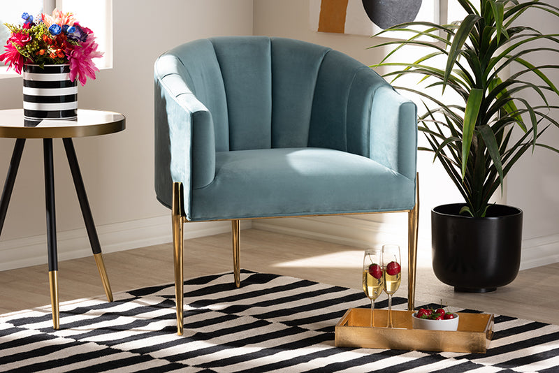 Baxton Studio Clarisse Glam and Luxe Light Blue Velvet Fabric Upholstered Gold Finished Accent Chair