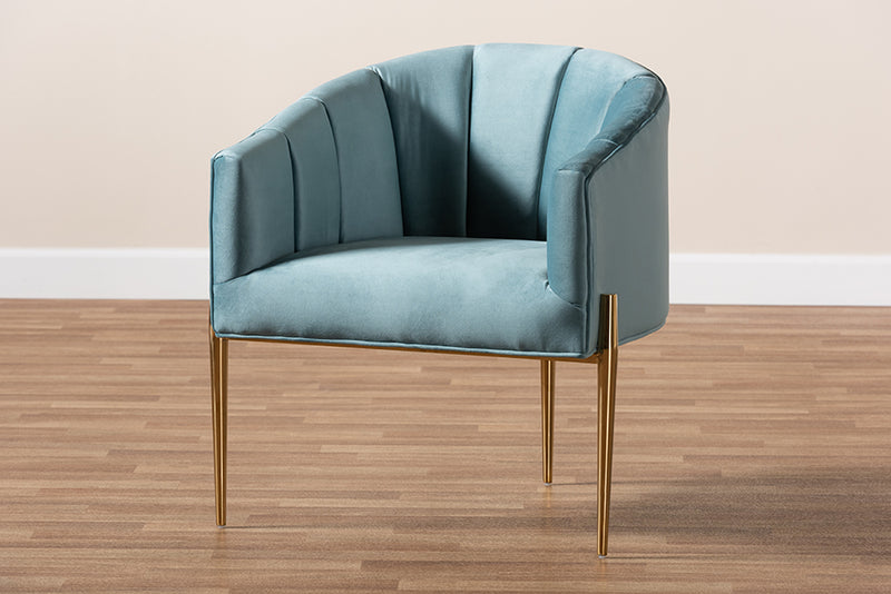 Baxton Studio Clarisse Glam and Luxe Light Blue Velvet Fabric Upholstered Gold Finished Accent Chair