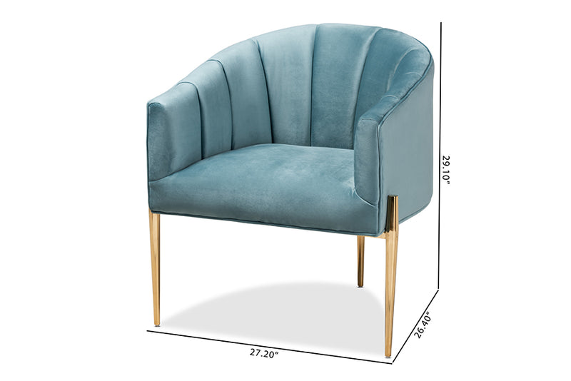Baxton Studio Clarisse Glam and Luxe Light Blue Velvet Fabric Upholstered Gold Finished Accent Chair