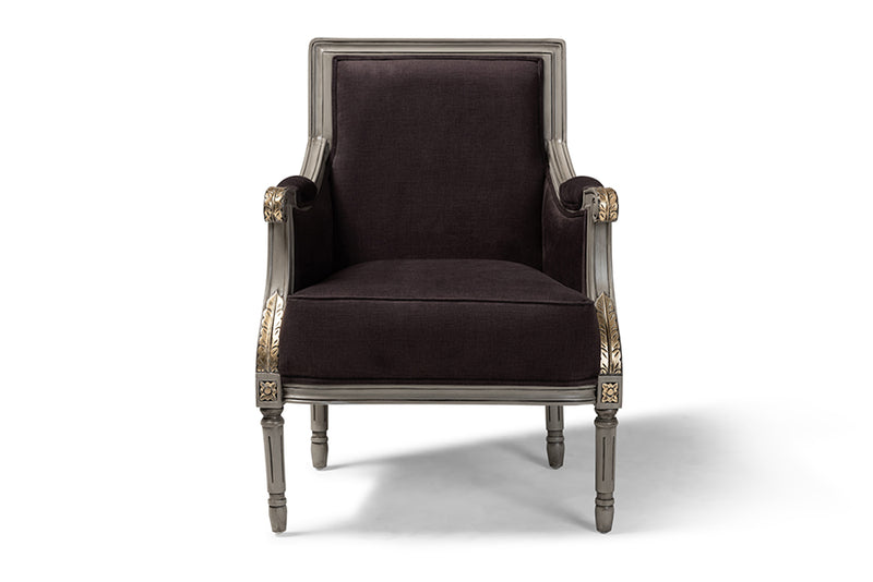 Baxton Studio Georgette Classic and Traditional French Inspired Brown Velvet Upholstered Grey Finished Armchair with Goldleaf Detailing