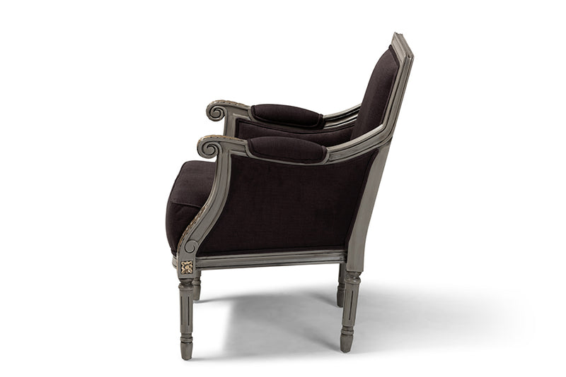 Baxton Studio Georgette Classic and Traditional French Inspired Brown Velvet Upholstered Grey Finished Armchair with Goldleaf Detailing