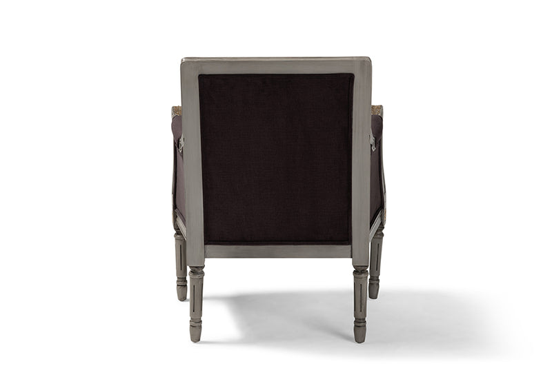 Baxton Studio Georgette Classic and Traditional French Inspired Brown Velvet Upholstered Grey Finished Armchair with Goldleaf Detailing