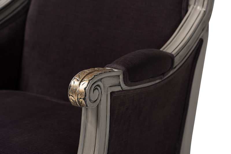 Baxton Studio Georgette Classic and Traditional French Inspired Brown Velvet Upholstered Grey Finished Armchair with Goldleaf Detailing